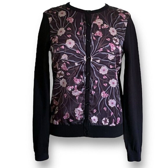 Brooks Brothers Womens Cardigan Sz Small Black Floral Silk Knit Sweater Classic - Picture 1 of 9